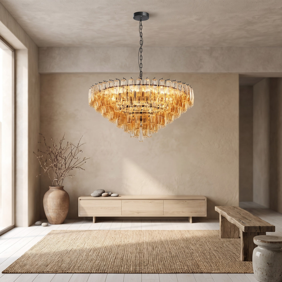 Tiered Smoke Glass Chandelier | 14-Light Round or 12-Light Rectangular, Brushed Black or Gold Metal Frame — 37" or 54", Dimmable