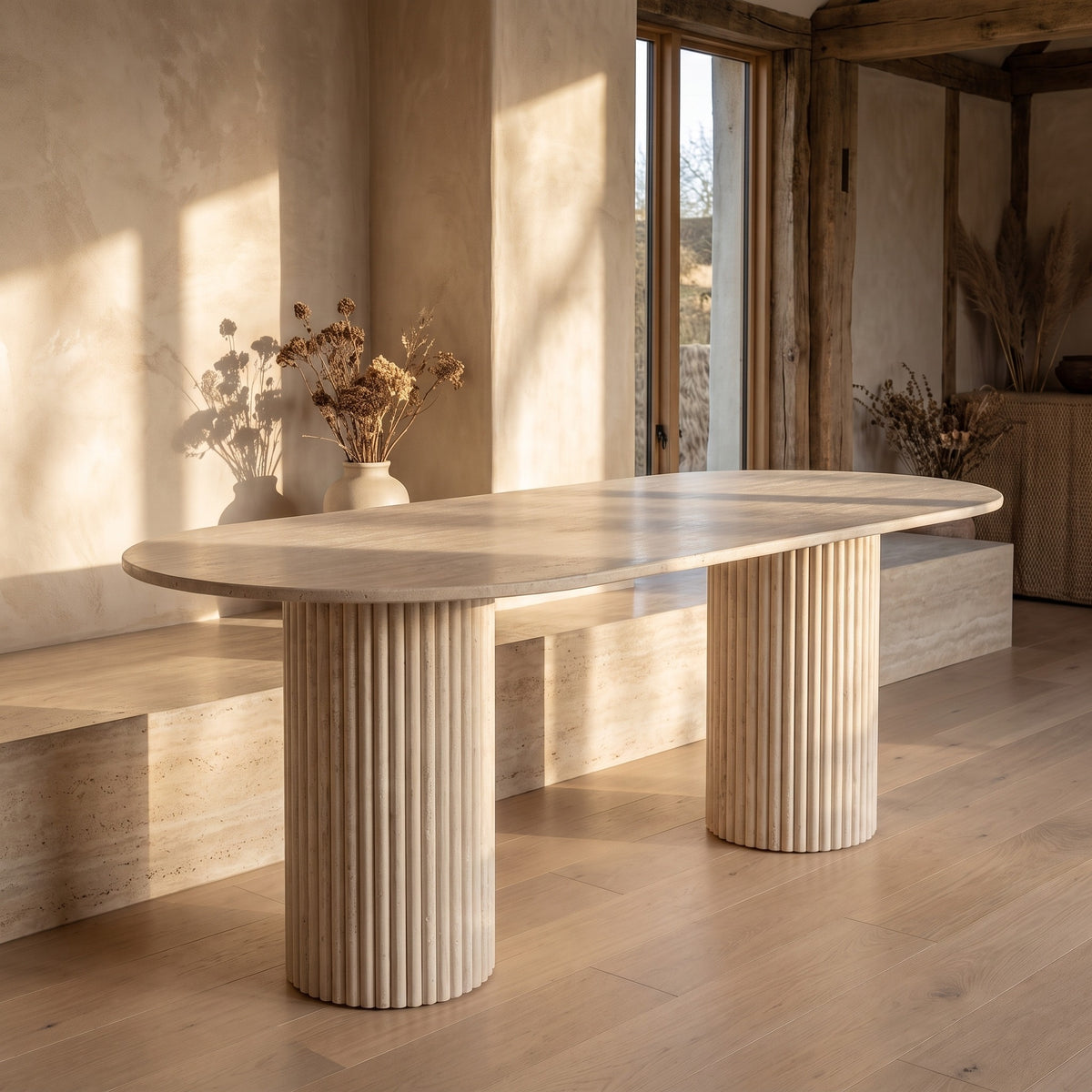 Travertine Oval Dining Table Light Stone Fluted Round Legs