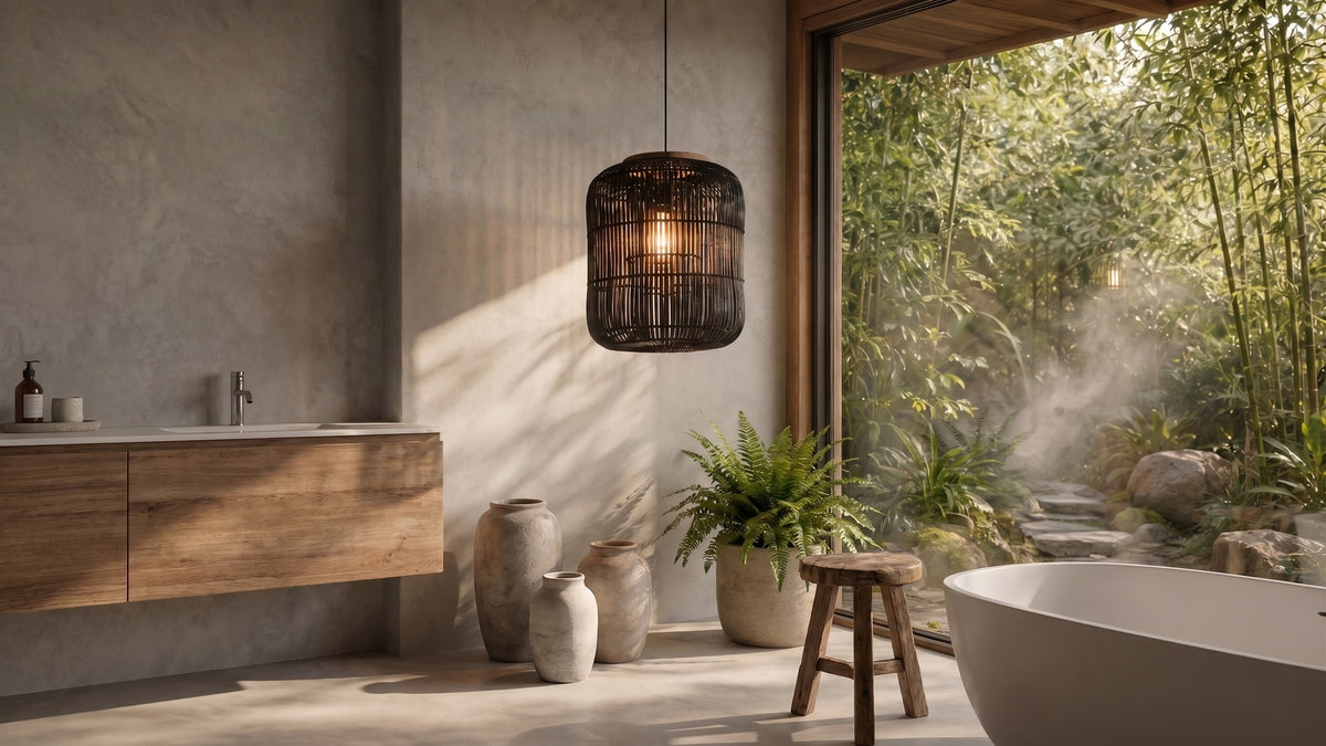 Wabi-Sabi Rattan Lantern Chandelier | Japandi Cylinder Pendant Light