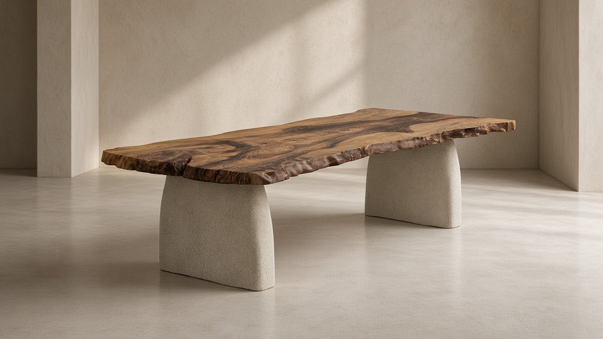 ShopInFill staged scene — wabi-sabi-style-luxury-solid-wood-walnut-table-with-stone-inspired-legs