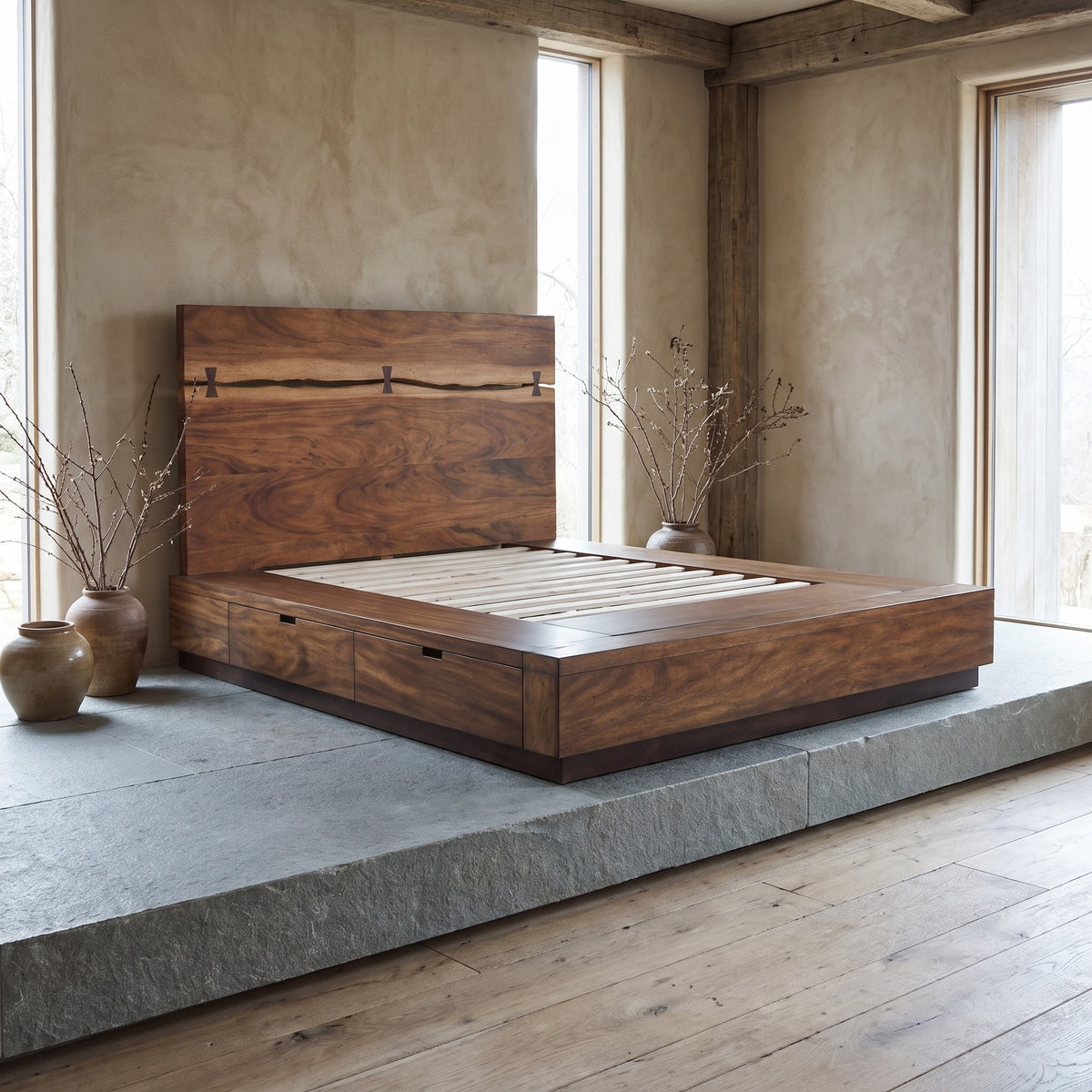 Winslow Wood Queen Storage Panel Bed Smokey Walnut