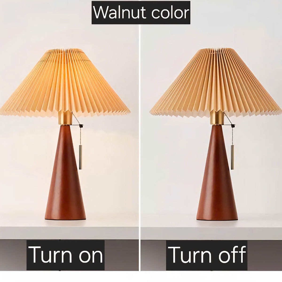 Cone Wooden Base Pleated Table Lamp | Vintage Pull-Chain Desk Light