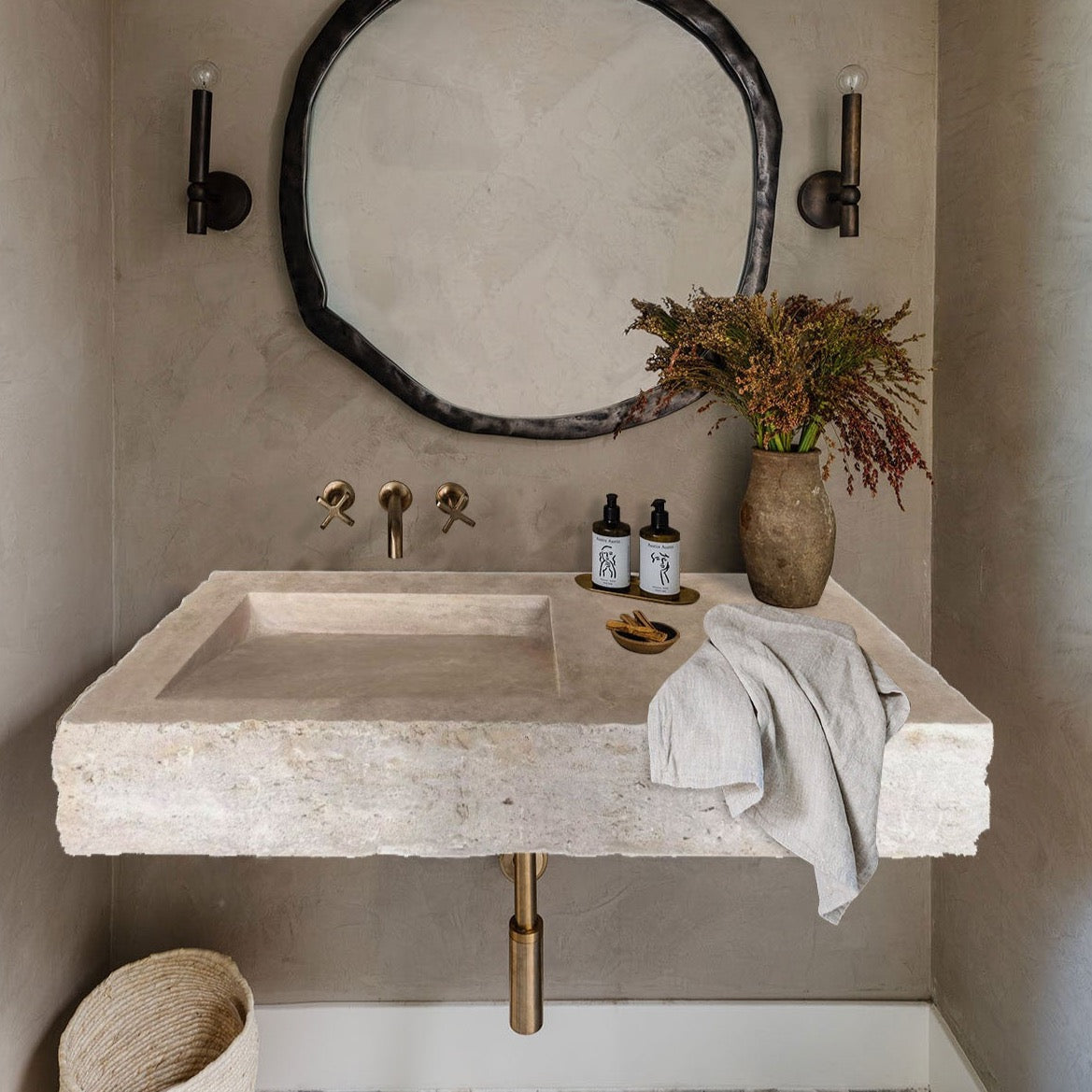 Travertine Light Rustic Rectangular Wall Mount Sink 40x16 Inch