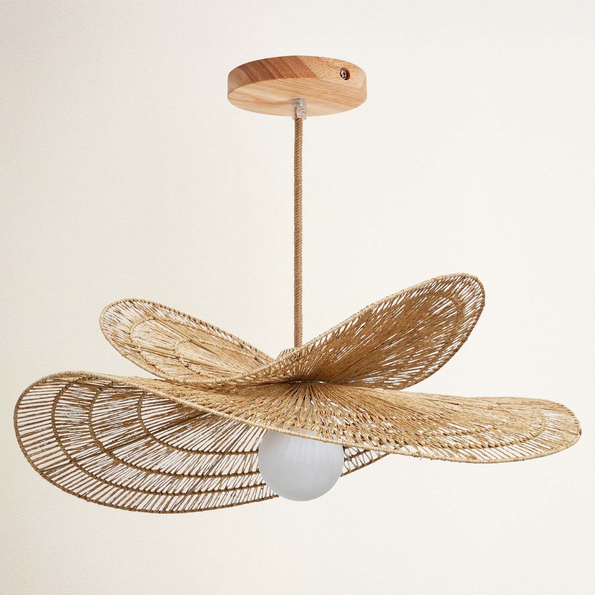 Woven Jute Pendant Light Petal Brim, with wood canopy and natural cord