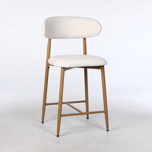 Beige upholstered counter height bar stool with wooden legs on a plain background.