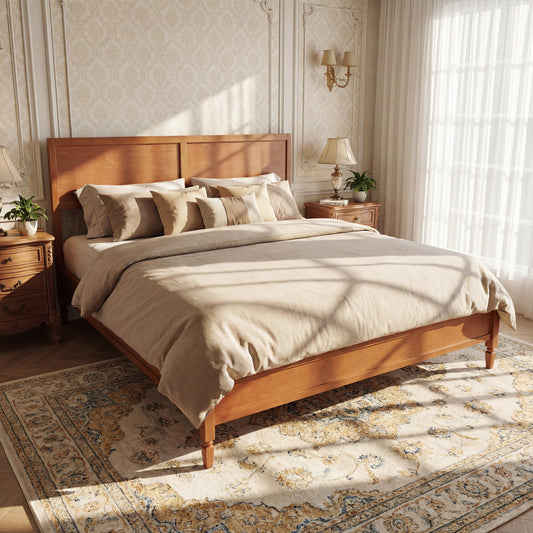 Wooden platform bed in light wood with tan bedding, set on patterned rug in elegant room with light patterned walls and lamps visible