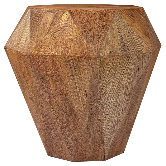 Octagonal side table with natural wood finish and light brown hue
