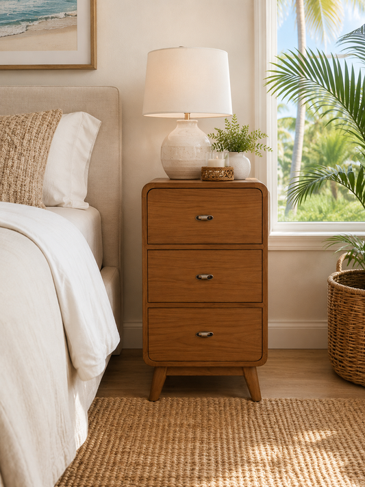 Recycled Teak 3 Drawer Nightstand with beige lamp on top, wooden bedside with light brown finish, cream bed, natural rug, green plants, and beach picture, large window with palm tree in the background.