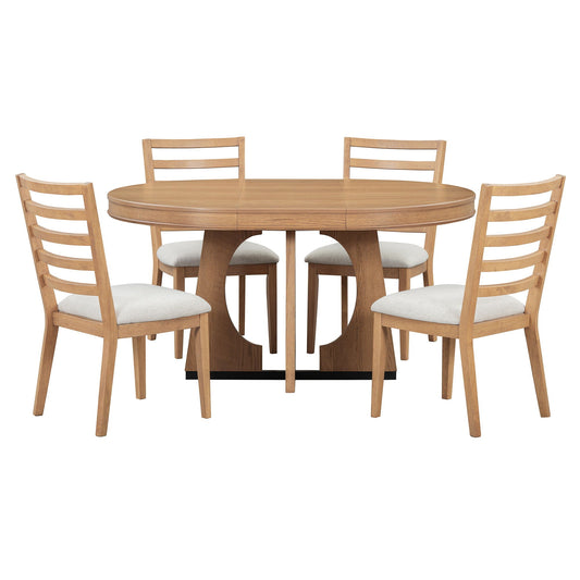 Round dining table and chairs set in light wood finish with white cushions, studio shot.