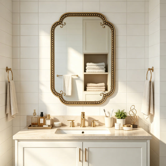 Gold Irregular Beaded Metal Framed Wall Mirror - Large, placed above a white vanity in a bathroom with tiled walls and towels hanging on rings.