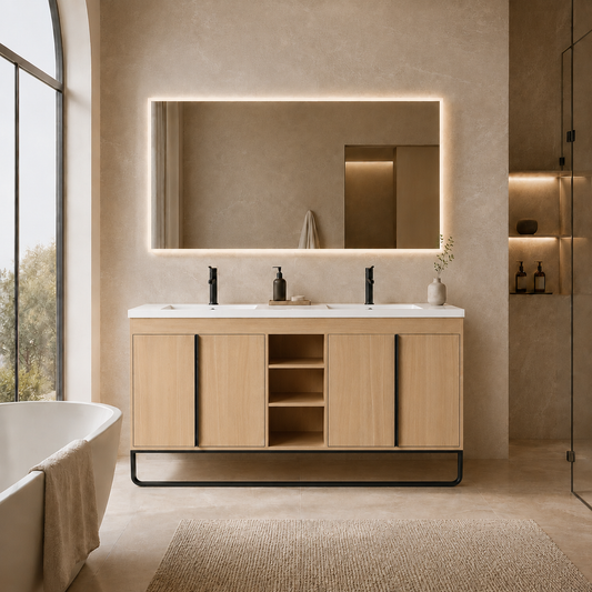 60-inch freestanding bathroom vanity with wooden cabinetry and resin double sink, featuring LED-lit mirror and subtle décor elements. Neutral tones with natural light.