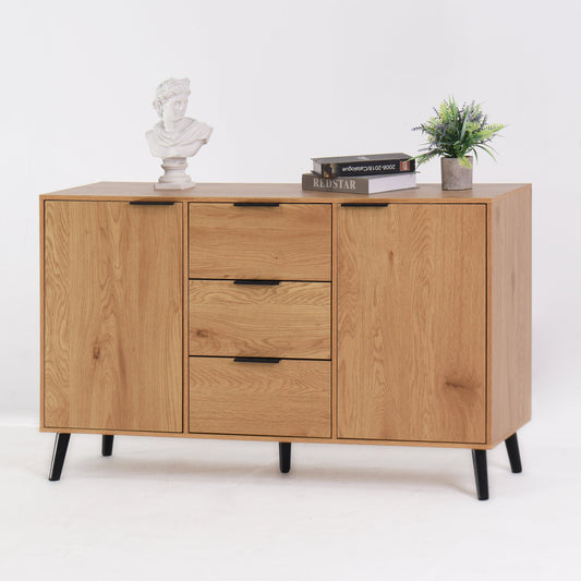 Wooden side panel buffet cabinet with 3 drawers and 2 doors.
