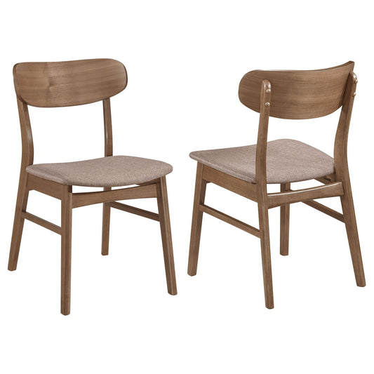 Light brown wooden dining side chairs with beige fabric seats, set of 2