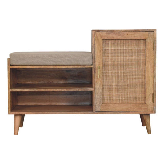 Larissa - 2 Slot Bench Unit with beige cushion and wooden back, natural finish, sitting on plain background.