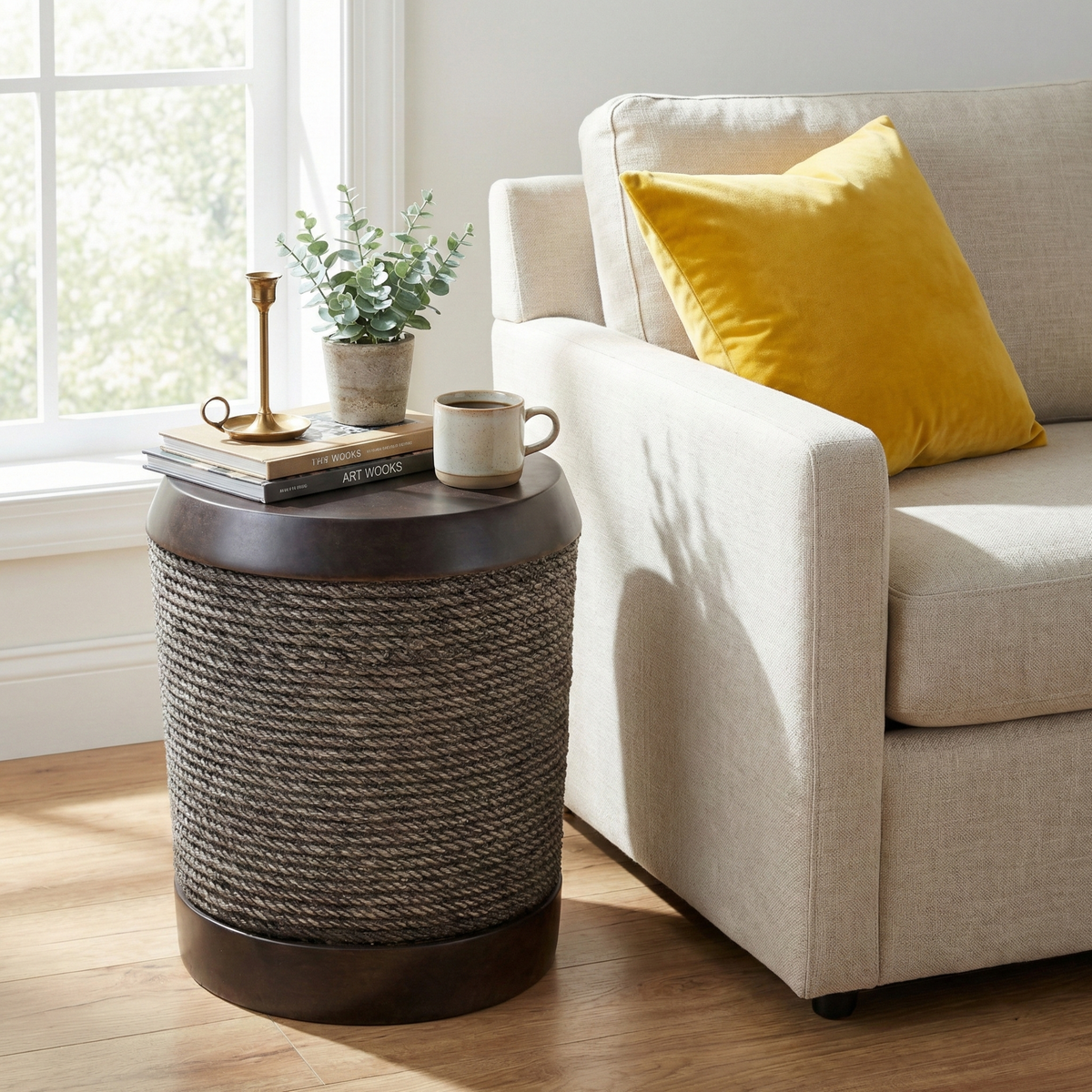 Outdoor Dark Brown Simulated Braided Cord MGO Side Table with Vintage Trim in a cozy living space with wooden flooring and a yellow pillow.