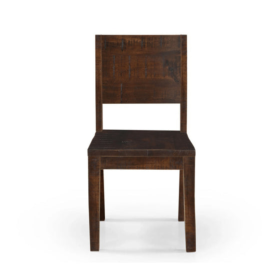 Simple dark mango wood chair with natural finish against plain background