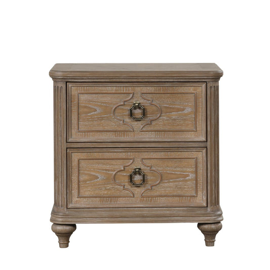 Wooden nightstand with two drawers and carved patterns, rustic brown finish, no watermark