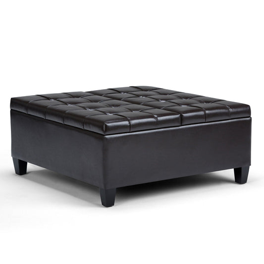 Harrison tufted faux leather storage ottoman in tanners brown, front view