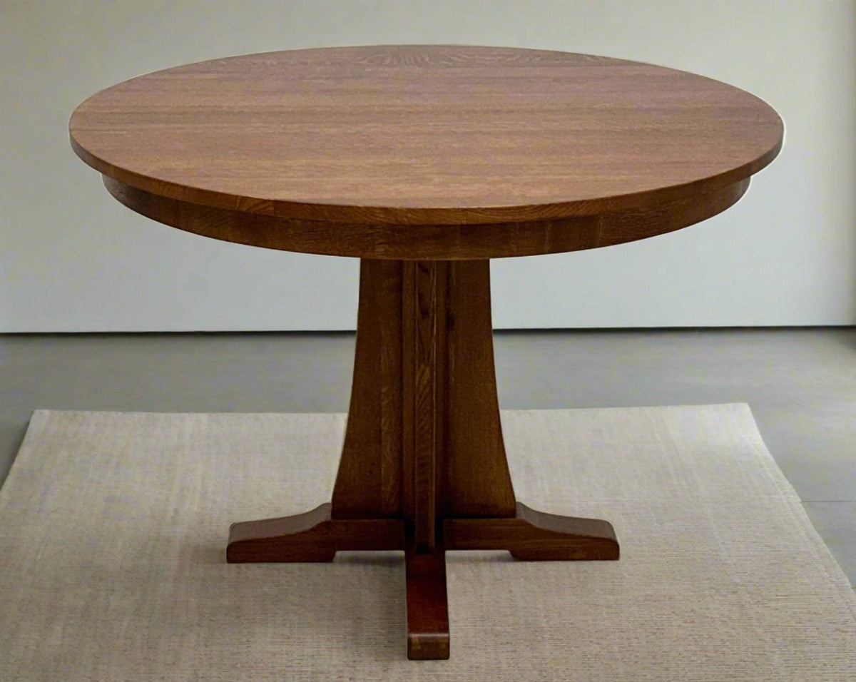 Mission quarter sawn oak 40 inch round pedestal dining table, supplier photo
