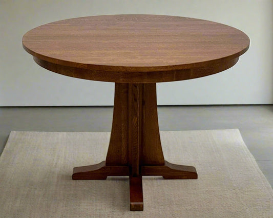 Mission quarter sawn oak 40 inch round pedestal dining table, supplier photo