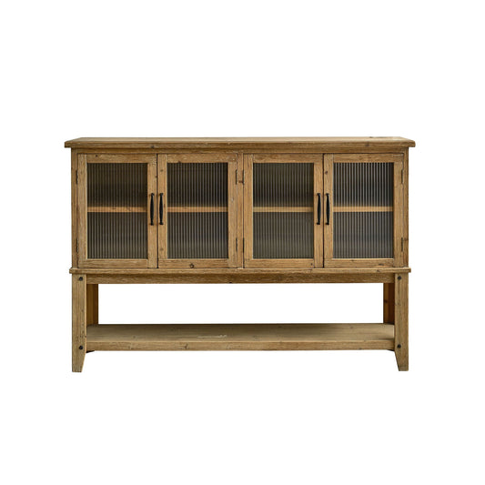 Rectangle sideboard cabinet with four glass-door cabinets and one open shelf, natural brown wood finish, set on plain background.