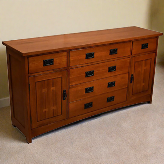Solid Mission Quarter Sawn Oak sideboard with 6 drawers and 2 cabinet doors, dark finish, on carpeted floor, beige walls.