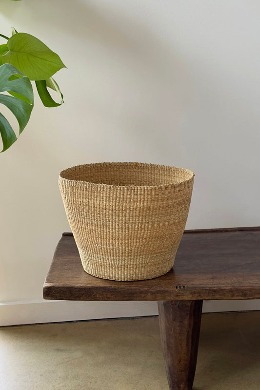 Rattan basket on wooden bench, light brown shade, next to leafy plant.