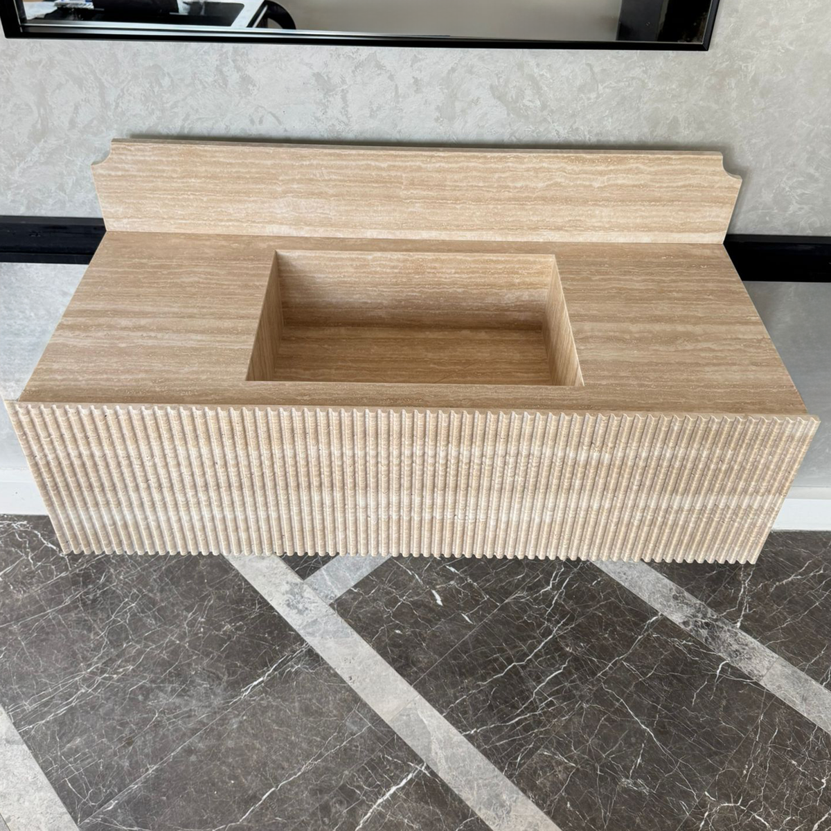 Beige Travertine Handmade Vessel Sink - Vein Cut Natural Stone