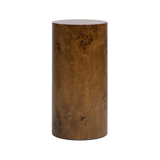 Cylindrical side table with burl wood finish and natural grain patterns