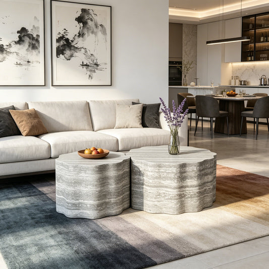 Two round coffee tables with a tree-like trunk design, light-gray color, placed in a modern living room with a mix of rug textures.