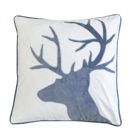 Velvet pillow with embroidered reindeer in white and navy, 20x20 inches