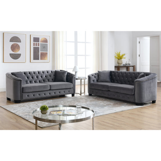 Velvet Chelsfield Sofa Set in grey with tufted seats, shown in a modern living room with a rug and coffee table
