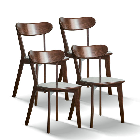 Four solid oak dining chairs with FAS-grade North American oak, curved backrests, and natural wood finish in walnut and oak.