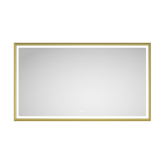 Oversized rectangular framed LED mirror with gold frame visible against a white background.