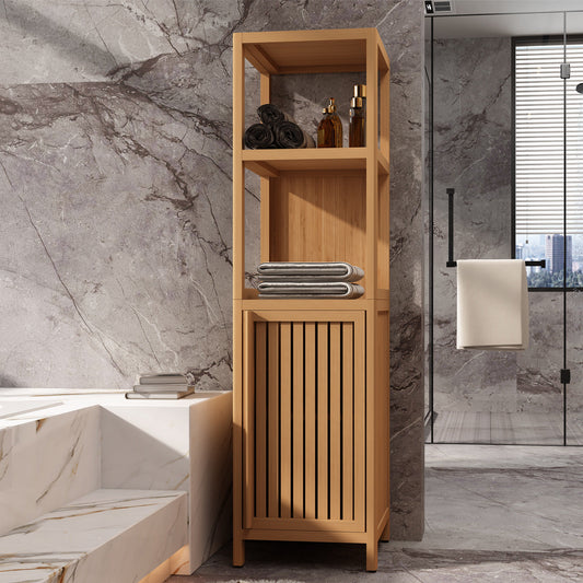 Tall wooden storage cabinet with towels and bottles, white marble walls and flooring, modern bathroom setting
