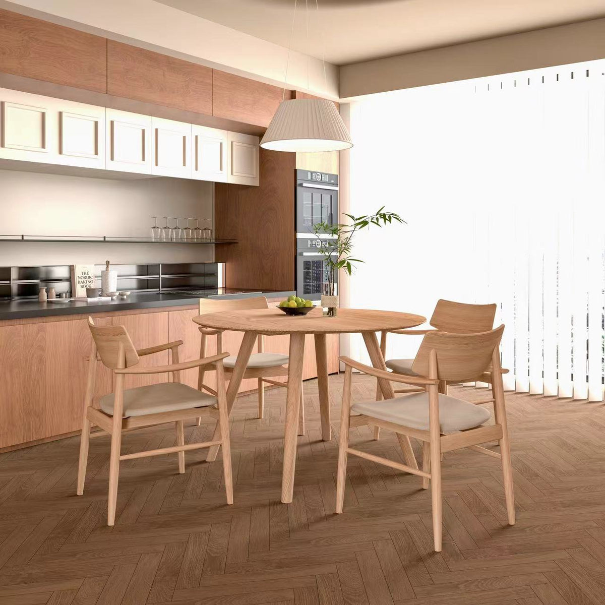 Solid Oak Round Dining Set Four Arm Chairs, oak
