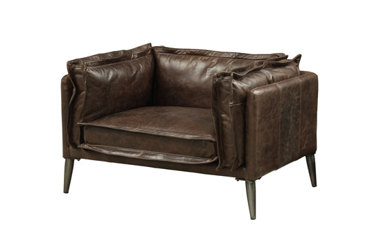 A vintage-style leather armchair with worn edges, dark brown, no background.