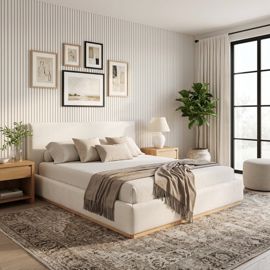 Elegant upholstered bed with solid wood frame in cream finish, beige bedding, hardwood flooring with area rug, gallery wall, indoor plant, and wooden side tables