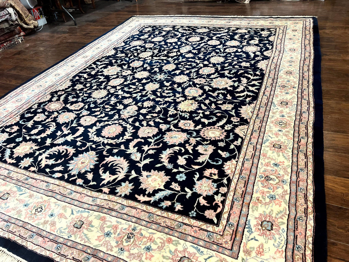 Indo Persian Rug 9x12, Navy Blue and Ivory/Cream, Floral Allover, Wool Vintage Handmade Carpet