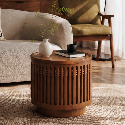 18.9" Round Wooden Side Table with Cylinder Lattice Design placed in a living room setting.