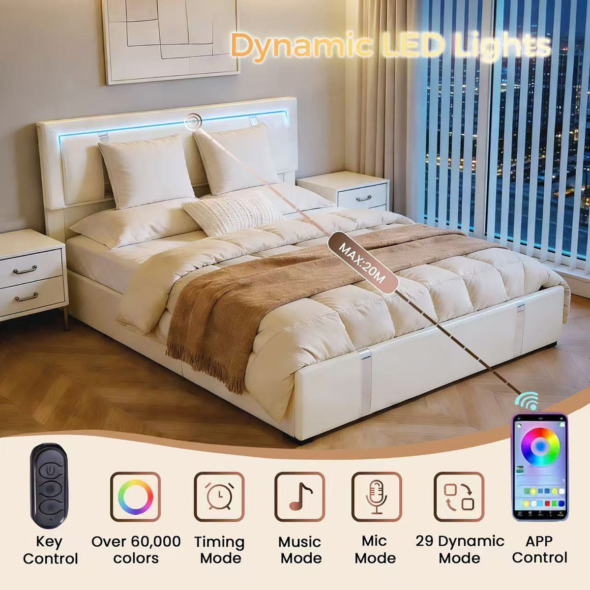 Upholstered Bed Frame with Adjustable LED Headboard