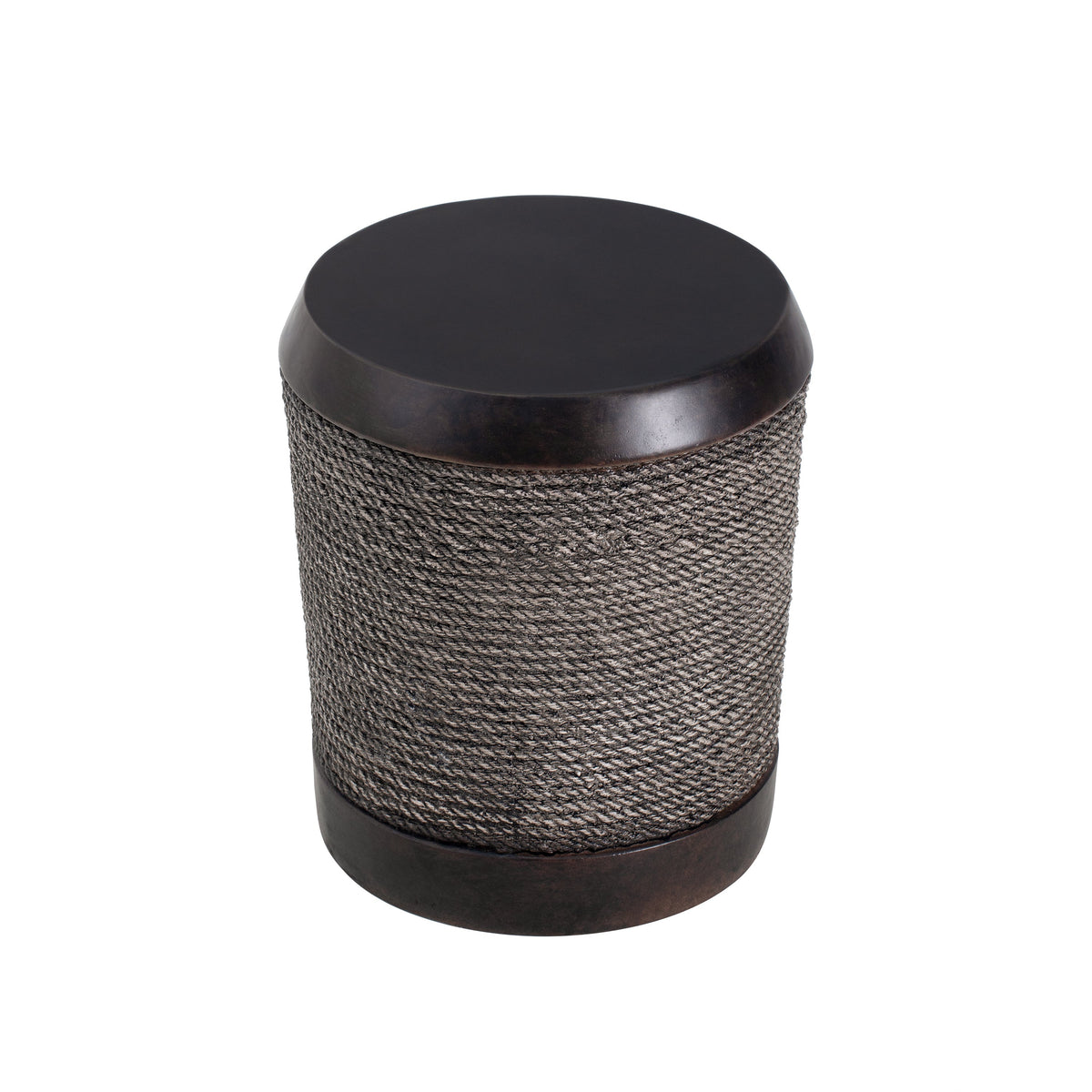 Dark brown cylindrical side table with a woven texture and wooden top