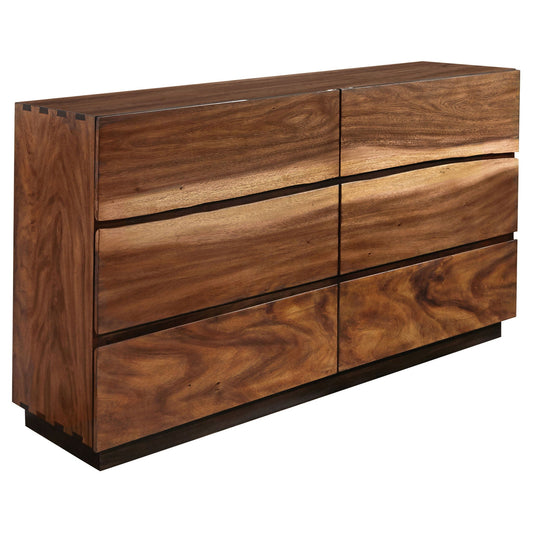 Smokey Walnut six-drawer dresser.