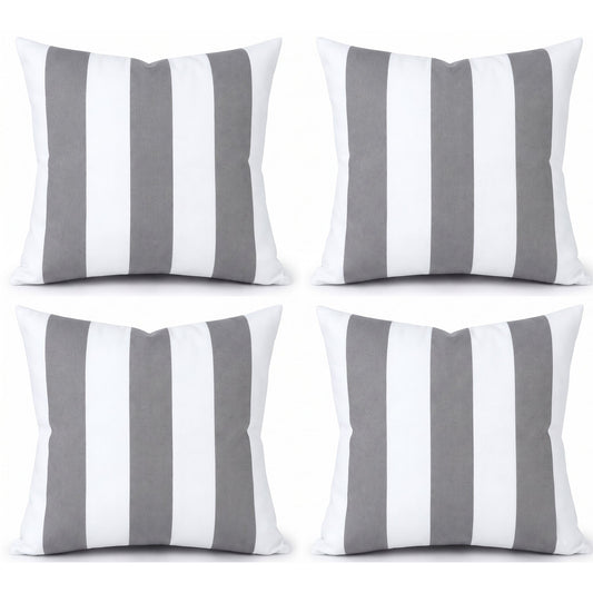 Four gray and white stripe pillow covers arranged in a 2x2 grid.