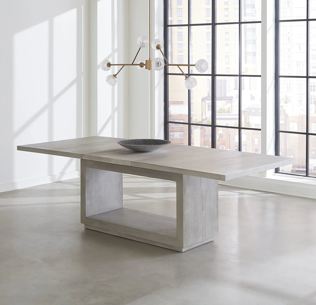 Weathered Acacia Dining Table Floating Plinth Base, weathered grey, view 3