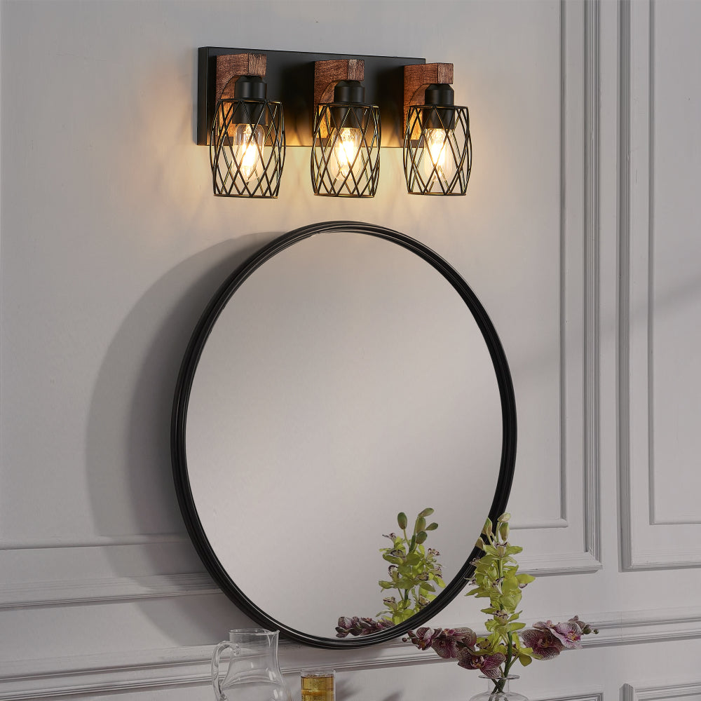 Industrial Wood Accented Cage Wall Sconce