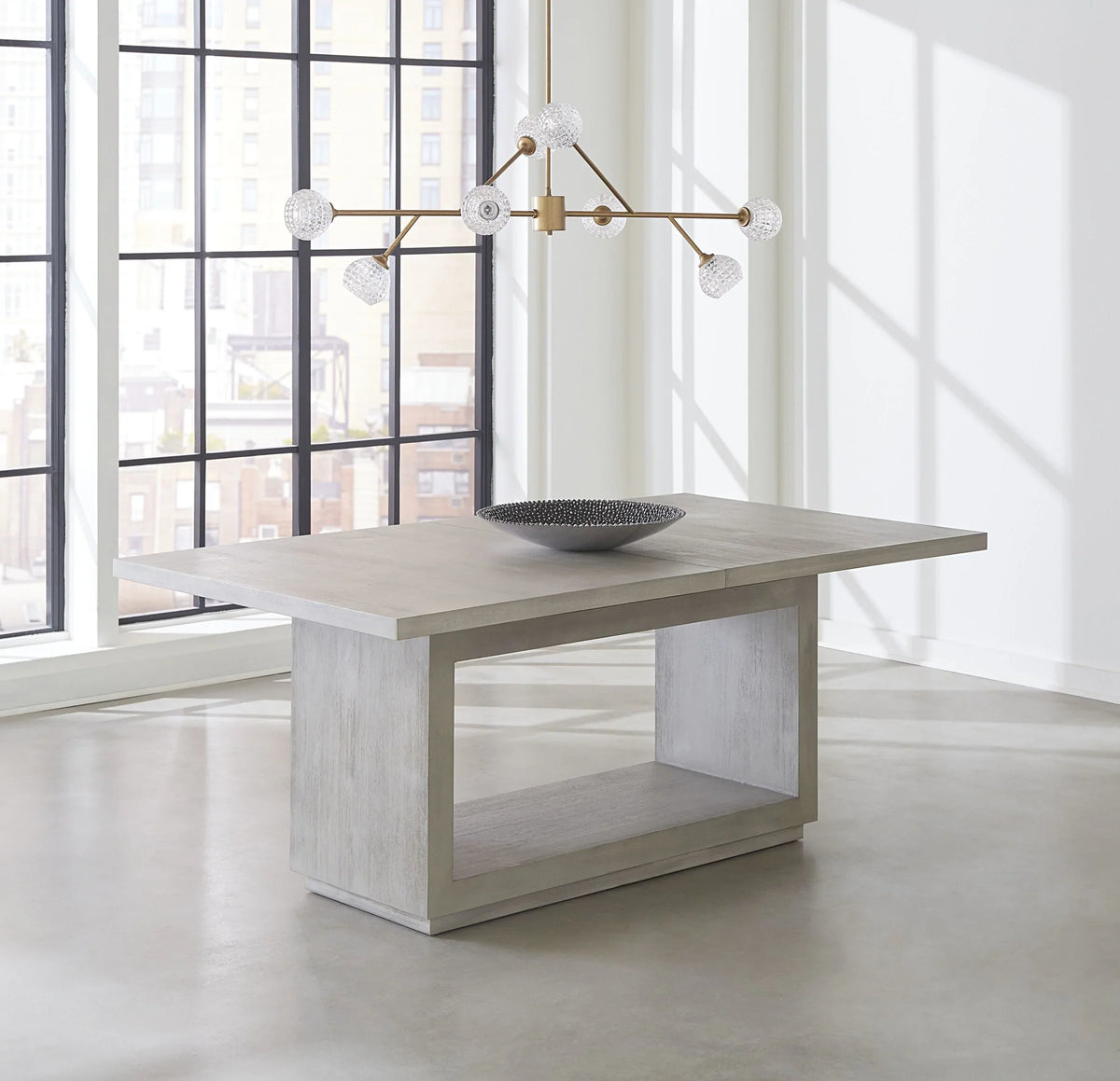 Weathered Acacia Dining Table Floating Plinth Base, weathered grey, view 4