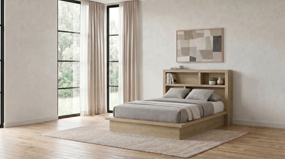 Hendricks Queen Bookcase Headboard Platform Bed Light Oak
