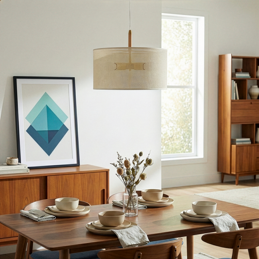 Glacier Pendant Lamp with beige material and brown frame hanging above a wooden dining table, setting in a bright room with a window and artwork。