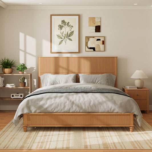Solid wood king bed frame with a tall headboard and gray bedding in a minimalist bedroom setting